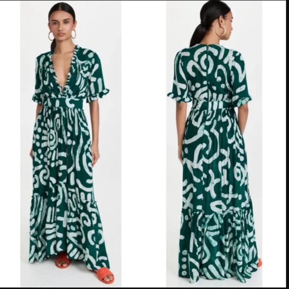 BUSAYO Tomi Green and White Abstract Printed Ruffle Maxi Dress Size XS